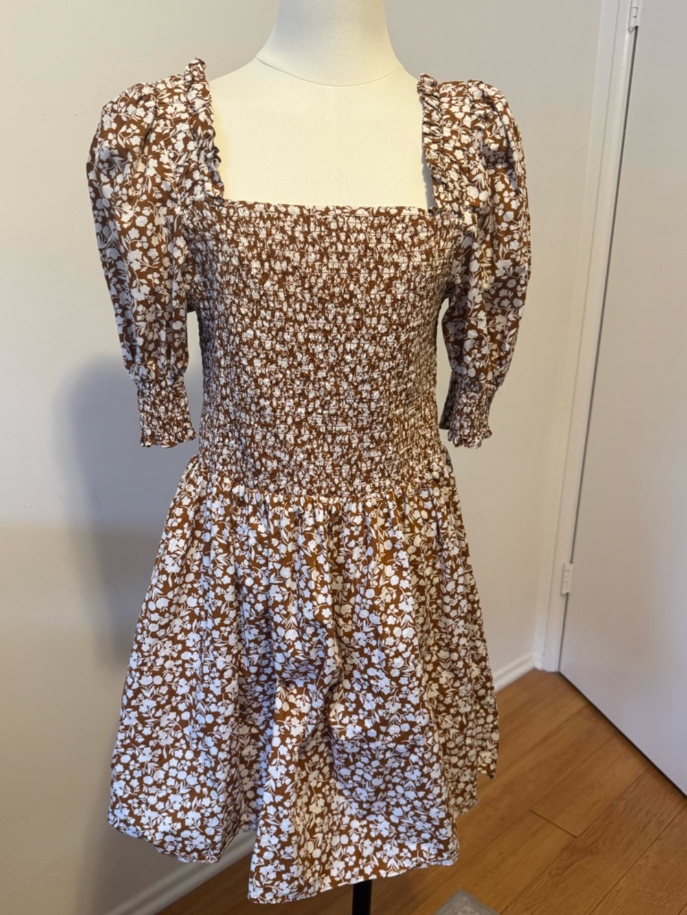 1. State Brown and White Floral Smocked Mini Dress